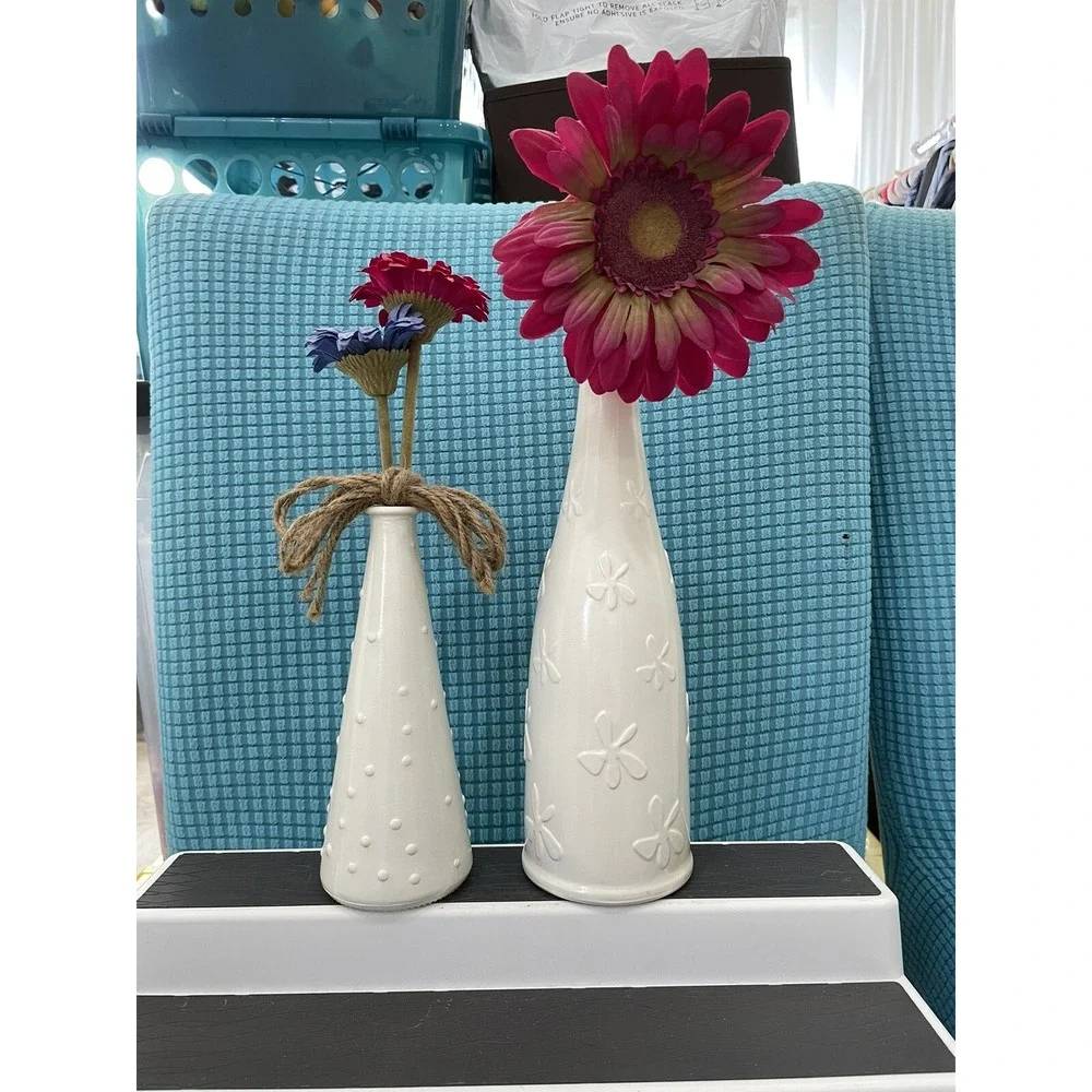 Farmhouse Style White Vases With Faux Flower Floral Painted Set Of 3